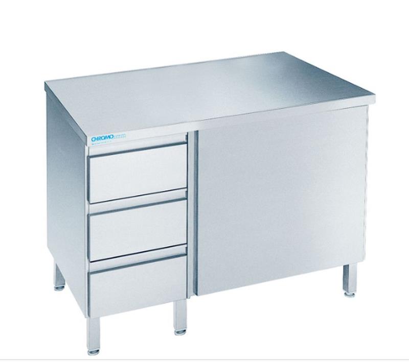 Bild 1: CNS Arbeitsschrank abgekantet T600 B1000 3 Schubladen 1 Drehtür