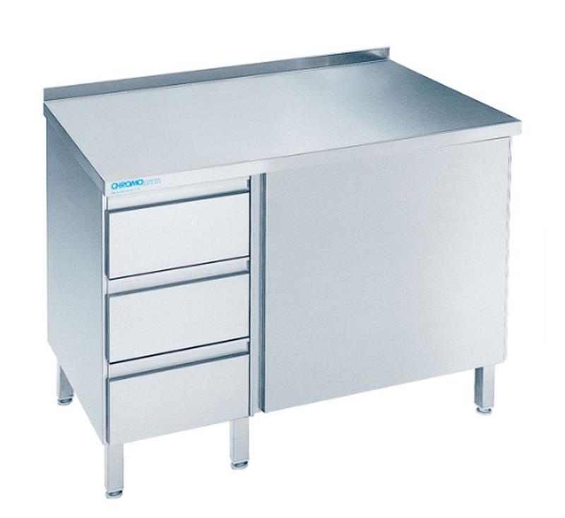 Bild 1: CNS Arbeitsschrank aufgekantet T600 B800 3 Schubladen 1 Drehtür