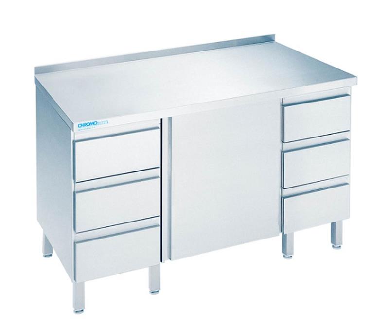 Bild 1: CNS Arbeitsschrank aufgekantet T600 B1200 6 Schubladen 1 Drehtür