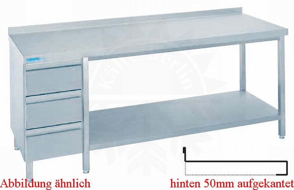 Bild 1: CNS Arbeitstisch aufgekantet T600 B2000 3 Schubladen
