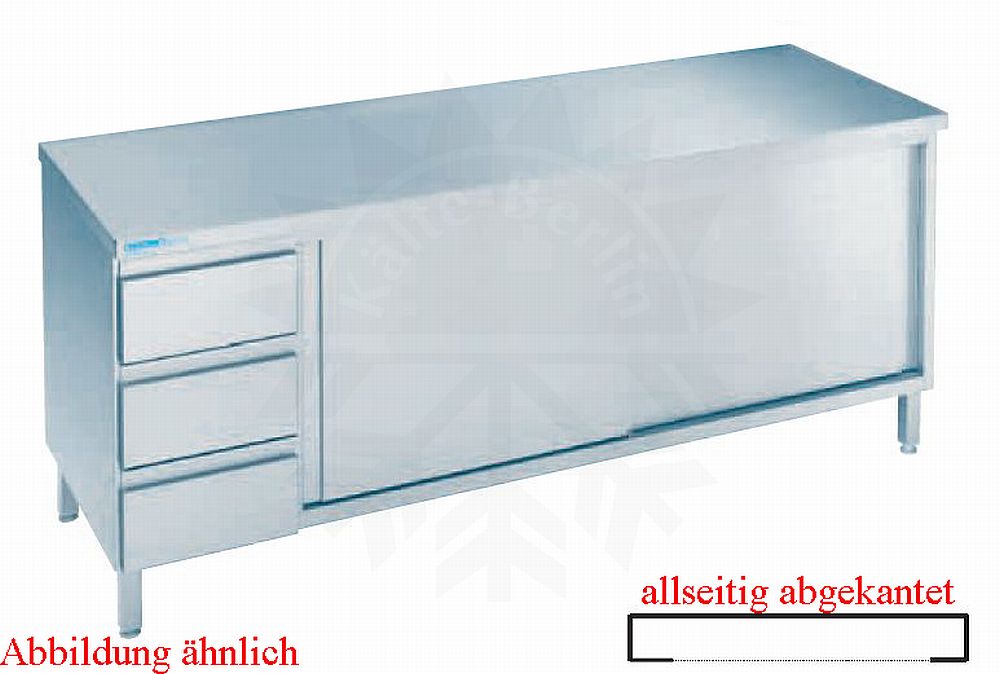 Bild 1: CNS Arbeitsschrank abgekantet T700 B1600 3 Schübe Schiebetüren