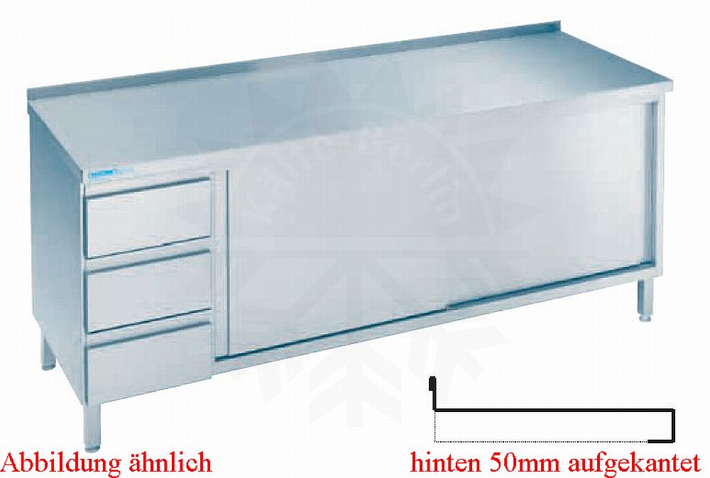 Bild 1: CNS Arbeitsschrank aufgekantet T600 B1600 3 Schübe Schiebetüren