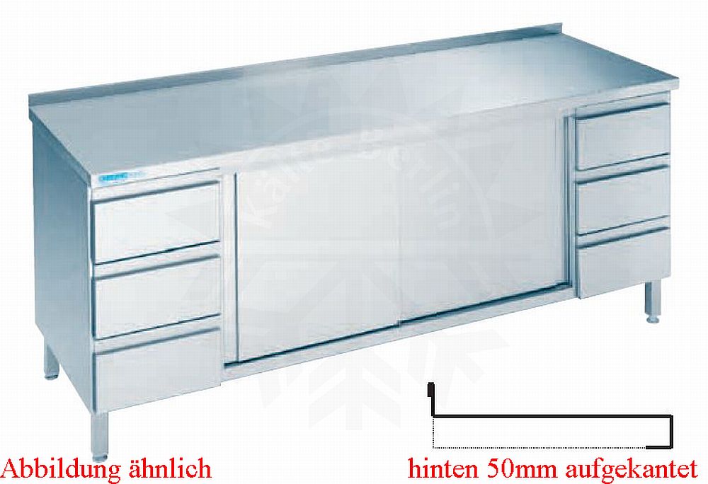 Bild 1: CNS Arbeitsschrank aufgekantet T700 B2400 6 Schübe Schiebetüren