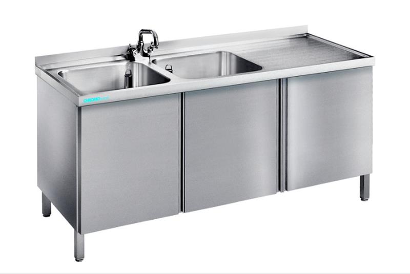 Bild 1: CNS Spültisch aufgekantet 2 Becken T600 B1500 mit Drehtüren