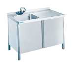CNS Spültisch aufgekantet 1 Becken T700 B1200 mit Drehtüren
