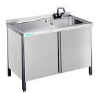 CNS Spültisch aufgekantet 1 Becken T700 B1400 mit Drehtüren